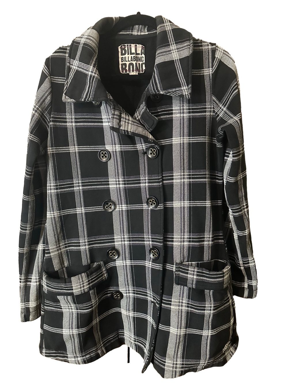 Billabong Black White Plaid Double Breast Pea Coat Fleece Jacket Pockets Sz M